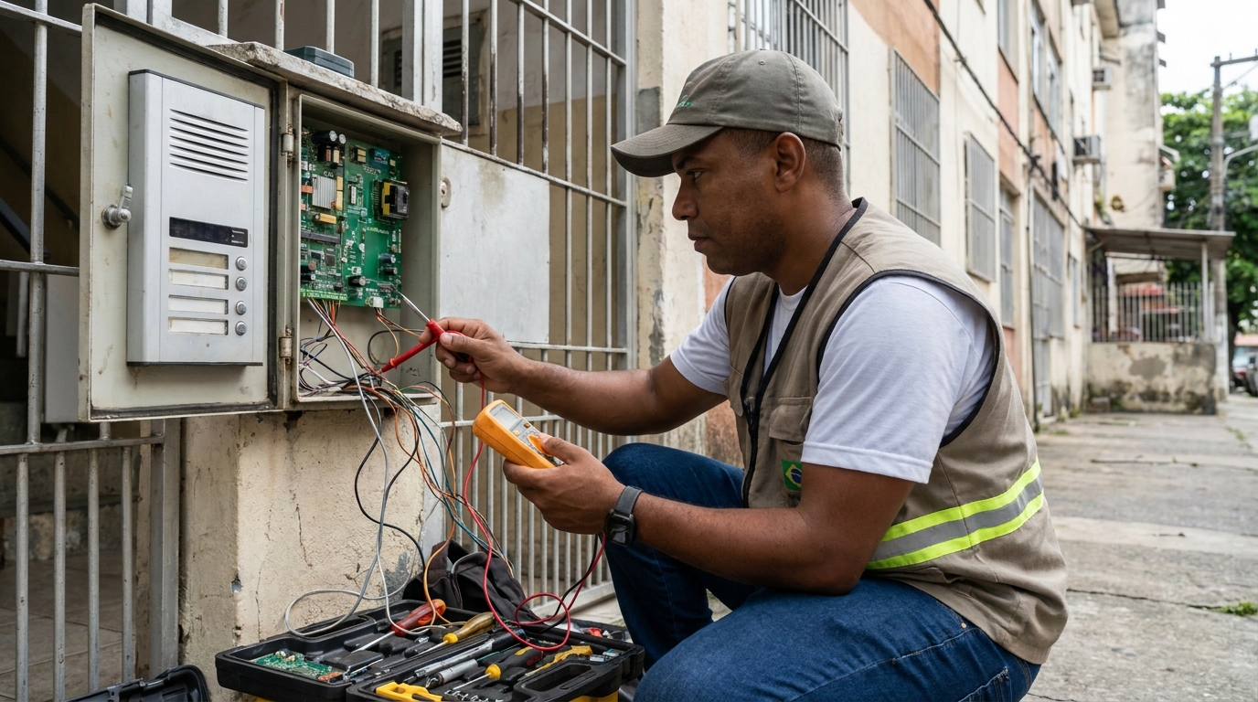 Eletricista consertando interfone em Santo André‑SP