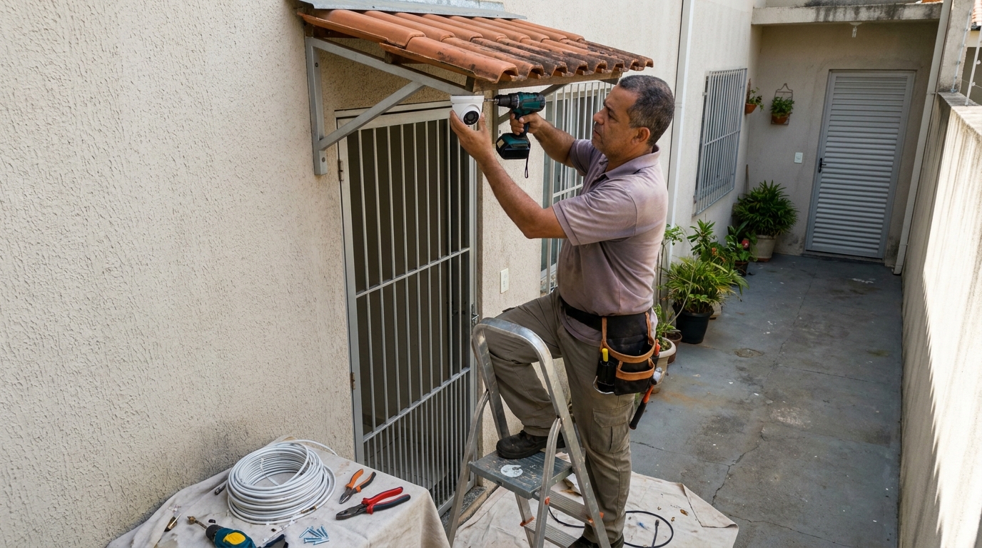 Eletricista instalando cameras de seguranca em Santo André‑SP