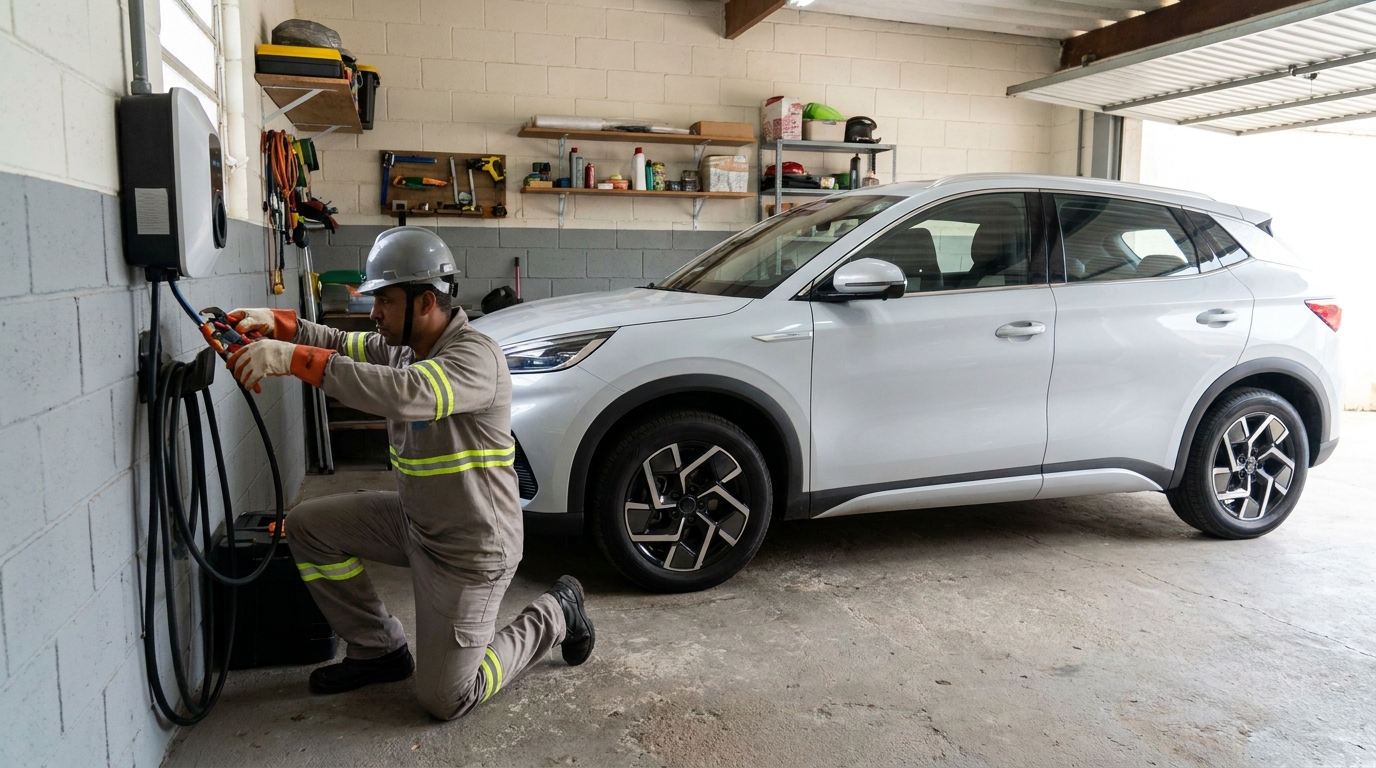 Eletricista instalando carregador de carro eletrico em Santo André‑SP