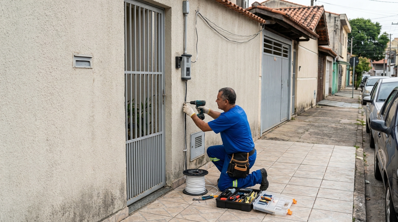 Eletricista instalando interfone em Santo André‑SP