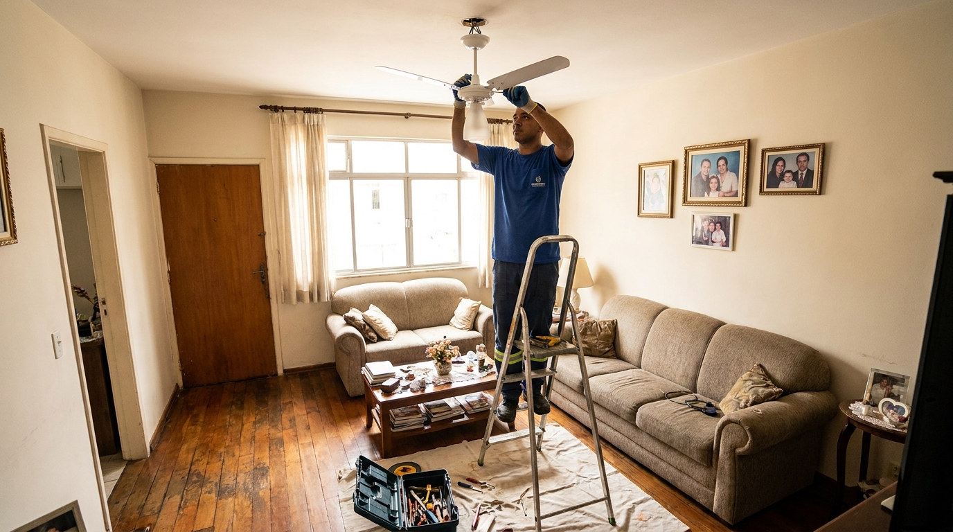 Eletricista instalando ventilador de teto em Santo André‑SP